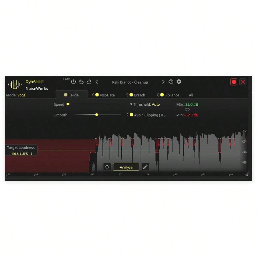 NoiseWorks DynAssist V2.2 IA de procesamiento vocal automático equilibrando la intensidad, reduciendo sibilancias, eliminando ruidos vocales y ajustando el volumen - Ganar - Ver 1