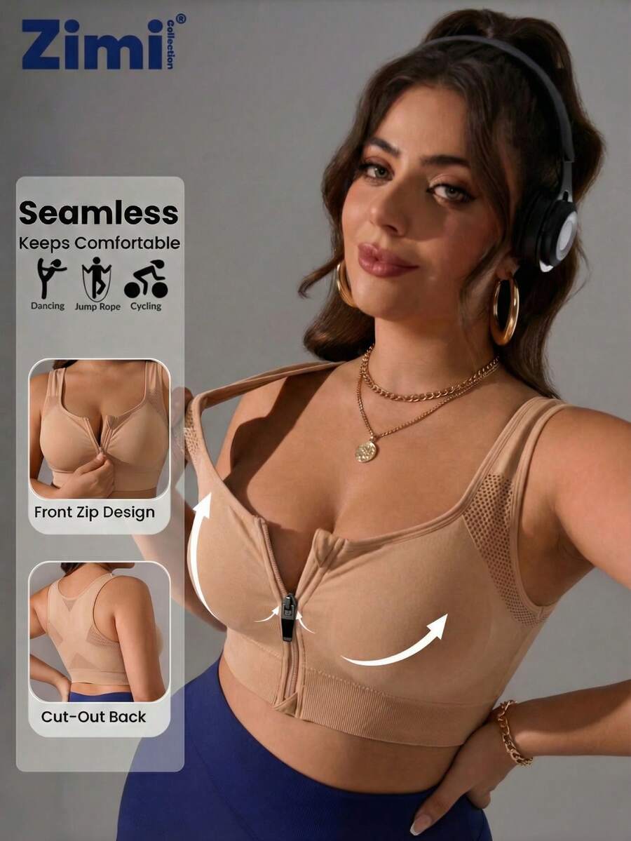 Zimi Collection 1pc Plus Size Women Seamless Wireless Zip-Front Sports Bra, Comfortable Racerback Design For Outdoor Cycling, Running, Yoga