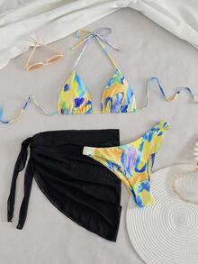 女士夏季度假印花露背比基尼套装和网纱罩裙 - 彩色 - 查看 3