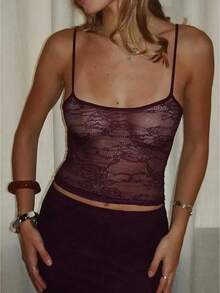 Women's Sheer Lace Cami Top Contrast Trim Cropped Spaghetti Strap Tank Y2K Going Out Layering Camisole - Dusty Purple - View 1