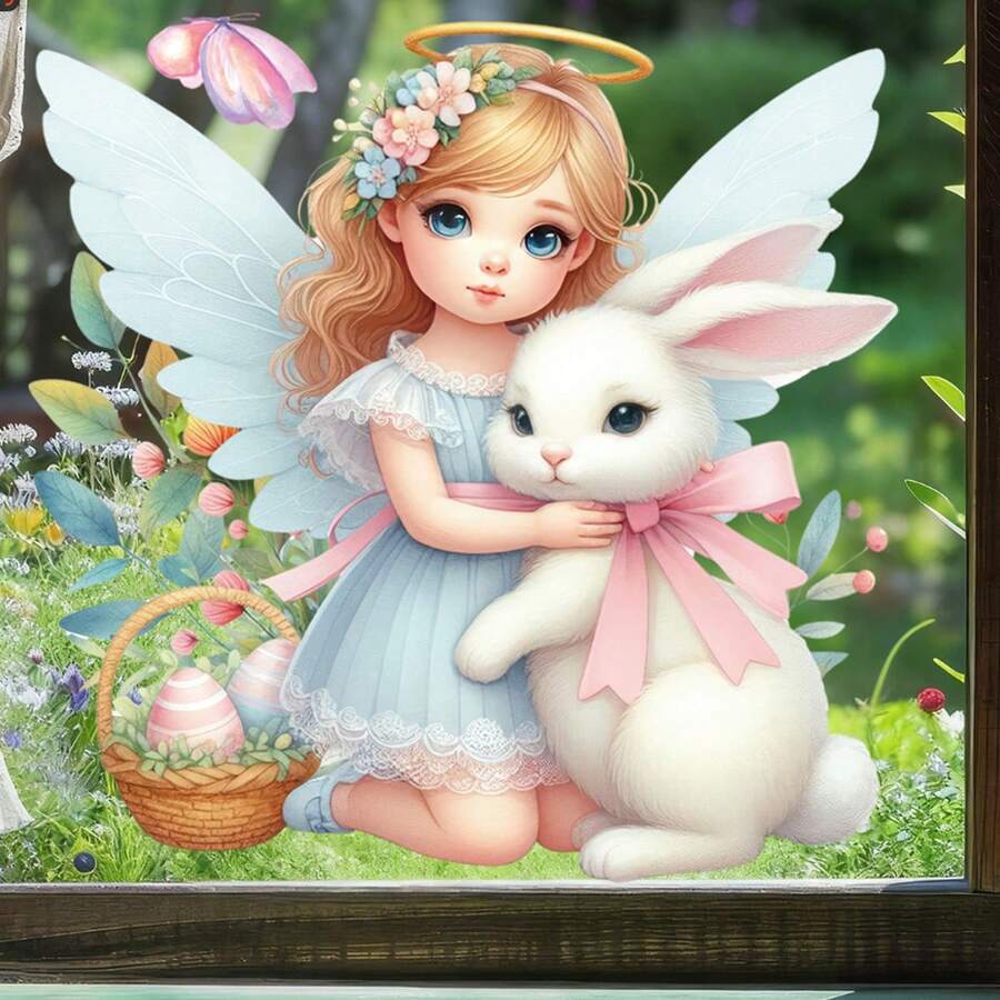 1pc New 2026 Easter Angel & Rabbit Egg Butterfly Static Cling Glass Window Holiday Decal Sticker, Reusable PVC Living Room Glass Cabinet Self-Adhesive Paper - 1pc - View 1