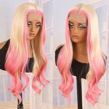 Blonde With Pink Skunk Stripe Body Wavy 13x4 Lace Front Synthetic Wig - Pink Ombre Blonde Long Wave Wig, Heat Resistant Fiber, Pre-Plucked Hairline, 3 Combs & Adjustable Straps, 28 Inch For Women Perfect For Daily Wear, Party, Cosplay & Dating - 挑染粉色 - 查看 4
