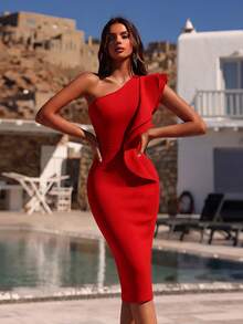 ADYCE Sleeveless Ruffle Trim Slit Fitted Bandage Party Dress Fall - Red - View 8