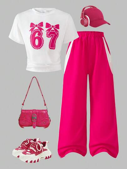 2pcs/Set Girls Casual Outdoor Fashion Letter & Bow Print Short Sleeve Top And Pants Set, Spring/Summer