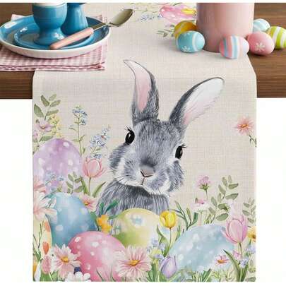 Chemin de table de Pâques, chemin de table de cuisine de Pâques avec lapins et œufs, chemin de table beige lavable avec motifs floraux et feuilles, linge de table décoratif pour fête, mariage et vacances