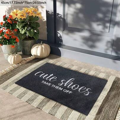 1件极简美式风格黑色背景白色文字门垫，“可爱的鞋子，快脱掉！”趣味标语，耐用防滑地垫，适用于门廊、露台、车库、人流量大的区域，黑灰色