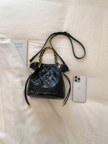 Casual Minimalist Diamond Embroidery Drawstring Bucket Bag, Lightweight Large Capacity Women's Shoulder & Crossbody Bag, PU Material - Black - View 9