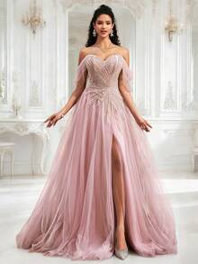 VIPGIRL New Elegant Off Shoulder Mesh Slit Luxury Evening Dress - Pink - View 1