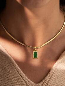 1pc Girl's Pendant Necklace, Minimalist Layered Design, Stainless Steel Flat Chain With Inlaid Green Zirconia Rectangular Pendant, Versatile Daily Wear Gift Accessory - Yellow Gold - View 4