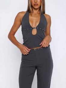 Women's Buckle Halter Top, Y2K Plunge Neck Open Back Crop Tops Front Cut Out Sleeveless Slim Tank Tops Summer Hollowed Vest Shirt For Club Party Streetwear - 深灰色 - 查看 3