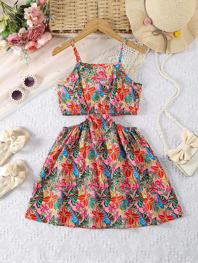 Young Girls' Allover Print Spaghetti Strap Side Hollow Out Design Dress, Suitable For Outdoor And Beach Vacation