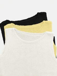 Set de 3 piezas de chaleco de punto sin mangas de unicolor, semi-transparente, de moda, cómodo, para primavera/verano - Blanco + Amarillo + Negro - Ver 3