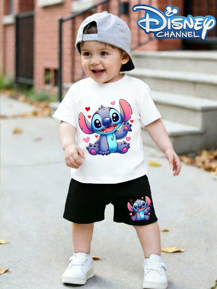 Unisex Baby's Disney Lilo & Stitch Print Casual Short-Sleeved Crew Neck T-Shirt And Shorts Set, Perfect For Summer Wear. - 白色 - 查看 1