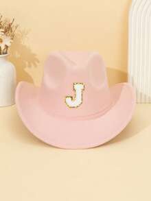 1pc Unisex Children's Letter Decor Pink Felt Brimmed Hat, 26 Letters Available, American Western Cowboy Style, Outdoor Casual Sun Hat For All Seasons, Suitable For Daily Wear, Parties, Outdoor Activities, Children's Gift - Pink - View 49