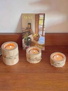 1 pieza Juego de portavelas de madera, envuelto a mano con cuerda de cáñamo, diseño natural, esencial para una cena a la luz de las velas acogedora - color madera - Ver 5