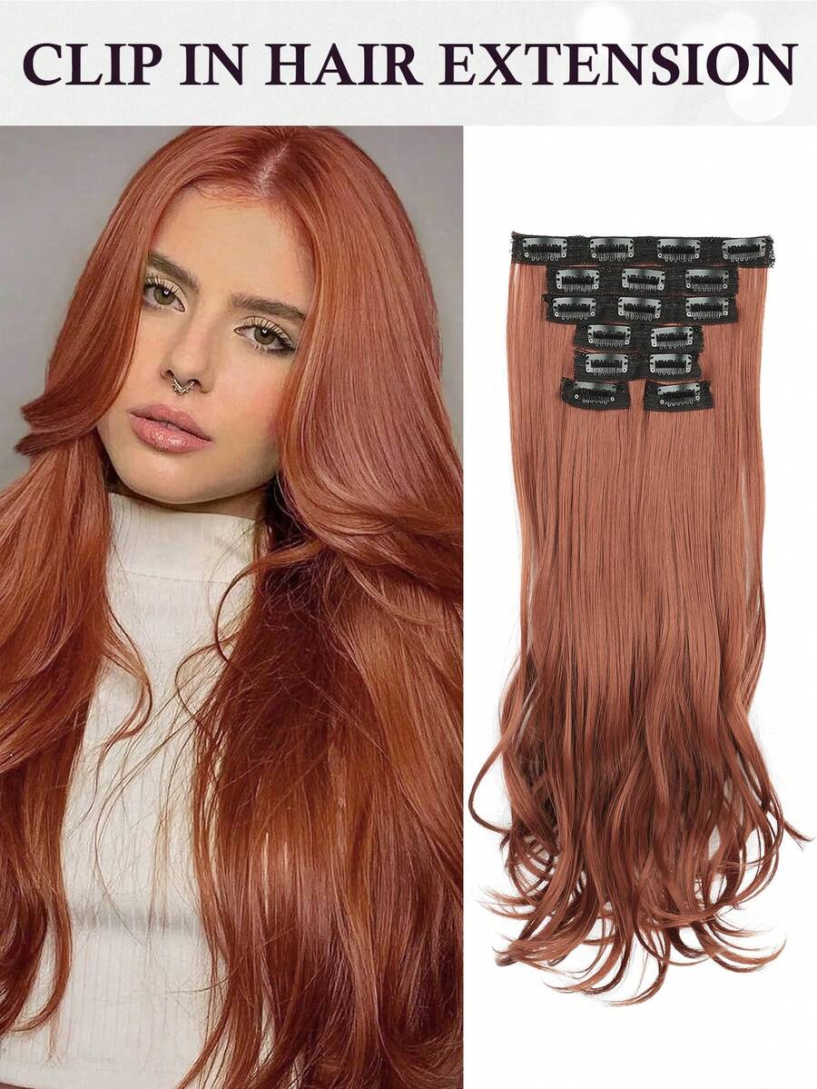 7pcs/Set Clip-In Curly Layered Hair Extensions, Synthetic Fiber, Upgraded Soft Lace, Lightweight, Suitable For Women (Orange) - Orange - View 1