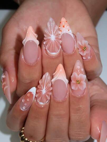 10pcs Almond Shaped Glossy Acrylic French Tip False Nails, Medium Size, 3D Floral Decor, Water Wave & Rhinestone Design, Fashionable Y2K Style, Suitable For Women & Girls, Daily Wear In Summer Nail Supplies