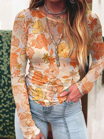 Acelitt Floral Print Ruffle Hem Fitted Long Sleeve Top, Suitable For Vacation & Beach Wear, Spring