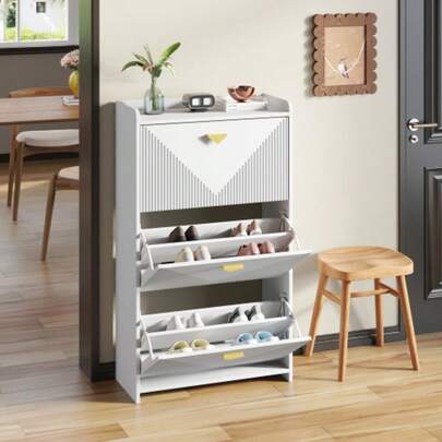 70*30*120cm Schuhschrank Mit 3 Lower Klapptüren,Flur-Schuhschrank Mit 6 Schuhablagefächern,,Sideboard, Wohnzimmerschrank,MDF,Weiß,Vakuumformdesign, Verstellbare Gehäusebreite