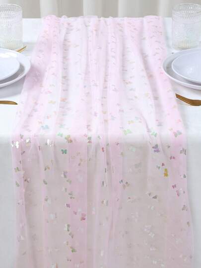 1Pc Pink Butterfly Tulle Mesh Table Runner,Gauze Polyester Table Cover With Butterfly Sequin Design,DIY Crafts,Wedding Decor,1st Birthday Decorations,Baby Shower Supplies,Butterfly Theme Birthday Decor,Baby Party Supplies,Gender Reveal Party Decor,Holiday Party Supplies,Home Decor,Room Decor,Table Decoration,Tabletop Decor,Butterfly Decor