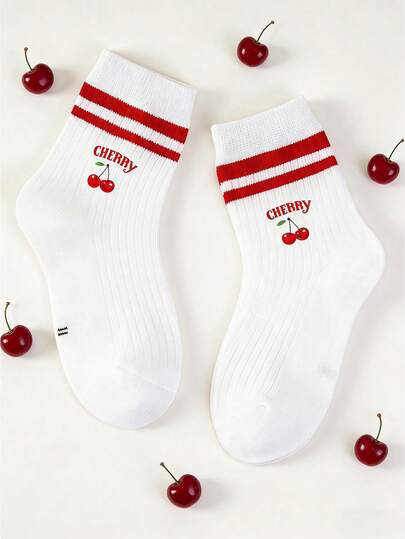 1 par de calcetines para niños, todo el año, calcetines de media caña con estampado de cerezas dulces para niñas, calcetines a rayas blancas y rojas, calcetines suaves y cómodos para bebés, adecuados para primavera y otoño, calcetines para niños, adecuados para la escuela y el uso diario