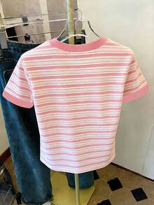 Women Summer Striped Print Contrast Trim Short Sleeve Tee Casual - Baby Pink - View 2