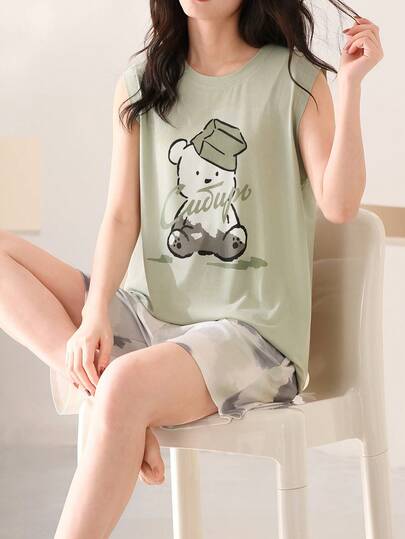 AICJ 2pcs Women Casual Cute Bear Print Round Neck Sleeveless Top And Shorts Pajama Set, Soft And Comfortable For Spring And Summer