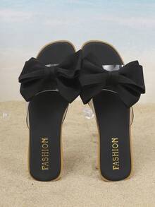 1 par de sandálias de praia femininas da moda em tecido PU com laço decorativo, chinelos antiderrapantes para uso externo com solado macio e bico aberto, chinelos casuais e rasteiros para praia. - Preto - Ver 4