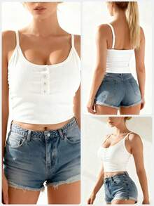 Versatile U-Neck White Gorgeous Backless Tank Top, Fitted Breathable Women's Outerwear, Fashionable Pullover Solid Color Front Button With Chest Pad Casual Sports Vest - White - View 6