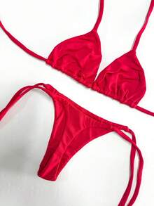 String Bikini With Micro Thong Bottom For Tan Lines - Elegant Tie-Back Closure, Perfect For Vacation Or Beach. - Red - View 2