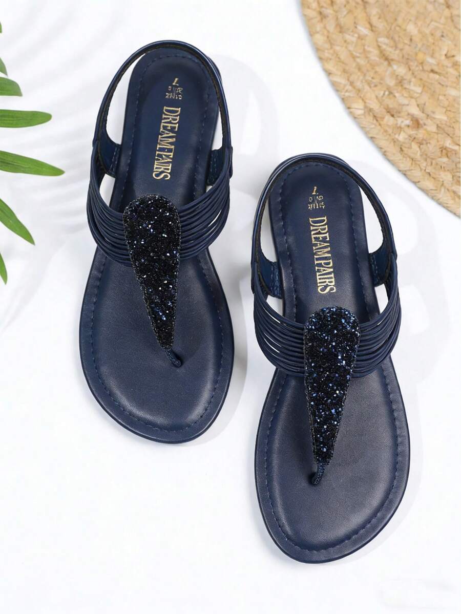 Women's Elastic Strappy String Thong Ankle Strap Summer Gladiator Sandals - 藏蓝色 - 查看 1