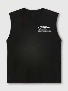 日系美学印花休闲宽松圆领背心，男士夏季款 - 黑色 - 查看 5