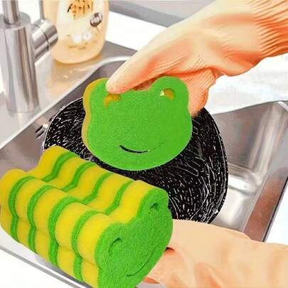 5pcs/10pcs Frog Shaped Cleaning Sponges, Double-Sided Scrub Pads, Dish Washing Sponges, High Quality Kitchen Sponges, Durable Strong Scrubbing Sponges, Super Absorbent, Cleaning Supplies, Cleaning Tools, Back To School Essentials