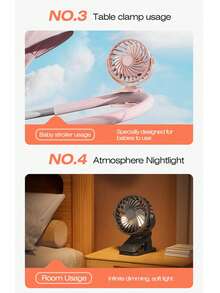 1pc USB Rechargeable 3-Speed Quiet Fan, 720° Rotation, With Night Light, Portable Clip-On, Ideal For Summer Travel, Beach, Back To School - Compact Yet Powerful Fan, Essential For Dorm And Office - Clip-on Fan - View 5
