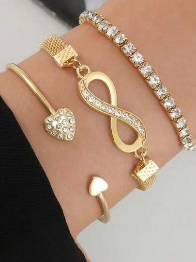 3 Piecesset Of Niche Infinite 8-Shaped Bracelet With Versatile Heart Opening Bracelet Set With Rhinestone Infinite Symbol