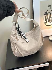 Fashionable Nylon Waterproof Shoulder Bag, Minimalist Casual College Style, Wide Strap, Multi-Zipper Design, Suitable For Students, Shopping, Daily Use - Beige - View 8