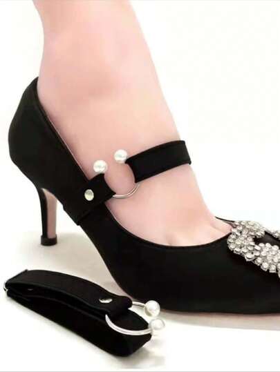 QKC 1双女士弹性鞋带，带可调节U型扣，适用于高跟鞋、乐福鞋、购物鞋、步行鞋和宽松鞋，黑色