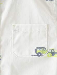 Young Boy Cartoon Car Print Button-Front Short Sleeve Shirt - White - View 5