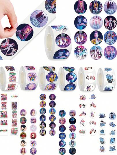 500pcs/Roll Cartoon Stickers K-Pop Demon Slayer Cute Anime Character Pattern HUNTRIX DIY Stickers Decor Notebook Laptop Student Reward Envelope Seal Stickers Valentine's Day Easter Holiday Gift