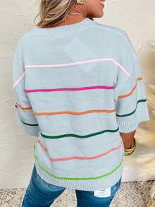 Acelitt Top tricoté casual à épaules dénudées avec blocs de couleurs et rayures, manches 3/4, convient pour toutes les saisons - Bleu gris - Voir 2