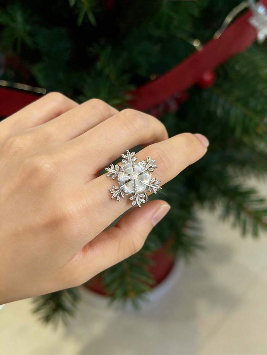 1 pieza Anillo de mujer con cúbico de zirconia giratorio con diseño de copo de nieve, anillo abierto delicado adecuado para uso diario - Anillo abierto - Ver 1