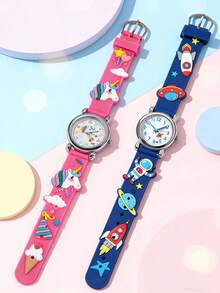 2pcs/Set Kids & Students Colorful Round Dial Cute Astronaut, Unicorn, Ice Cream, Cloud Pattern Quartz Watch, Suitable For Back To School, Birthday, Halloween, Christmas Gifts, Daily Decoration - Multicolor - View 3