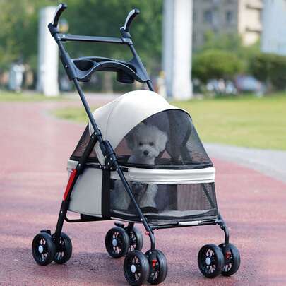 Cochecito plegable 3 en 1 de 3 ruedas para perros pequeños y gatos: estructura de acero resistente, capota, cesta portaobjetos y manillar ergonómico. Transportín plegable y ligero adecuado para cachorros/gatitos, viajes y visitas al veterinario Pet Stroller Plegable – Ideal para Perros Mayores, Enfermos o con Discapacidad – Ayuda a Moverse Fuera de Casa