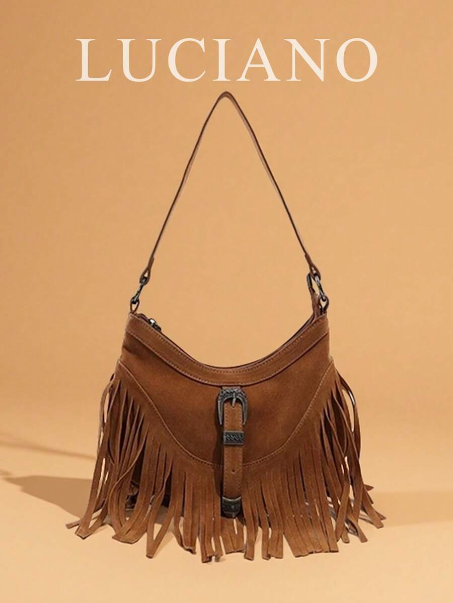 1 Piece Of Women's Bag, Brown, Retro Tassel Crescent Bag, Bohemian Style Crescent Bag, Western Style Tassel Shoulder Bag, Retro Brown Crossbody Bag, Women's Shoulder Bag - Brown - View 1