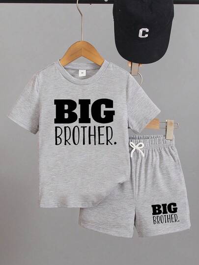 2pcs/Set Boys' Casual Multifunctional Minimalist Letter Print Short Sleeve T-Shirt And Shorts, Suitable For Outdoor, School, Vacation, Travel, Relaxation, Sunbathing And Other Summer Occasions