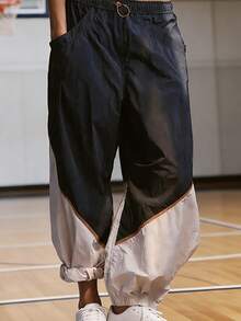 Women's Baggy Wide Leg Pants Color Block Jogger Cuffs Elastic Waist Pockets Gym Daily - Black - View 3