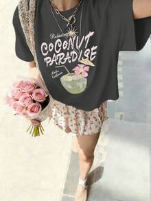 Women's Summer New Simple Slogan Print Casual Vacation Loose Fit Round Neck Short Sleeve T-Shirt, Fashionable Everyday Top, Suitable For Daily And Vacation Wear. Women's T-Shirt Top. - Dark Grey - View 7