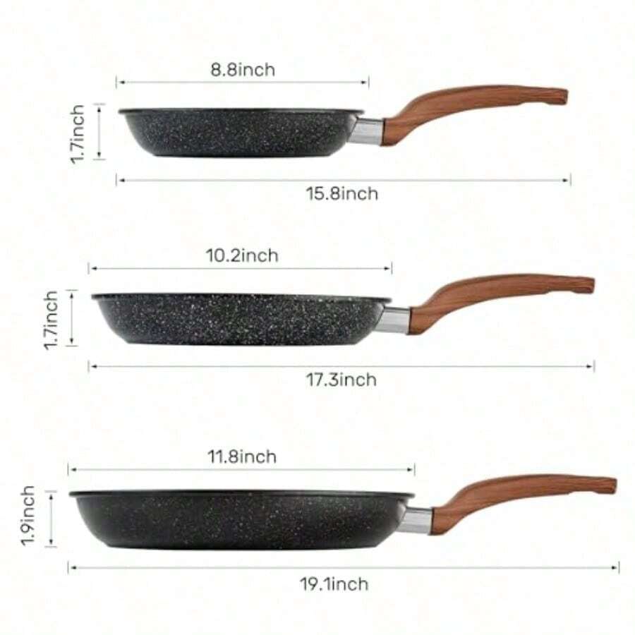 Sartenes Antiadherente 3 Piezas Sartenes de 22cm/ 26cm/ 30cm con Revestimiento Antiadherente Sartenes de Aluminio Multifuncionales para Estufas Estufas de Inducción y Gas Lavavajillas Sin PFOA-025 - Negro1 - Ver 1