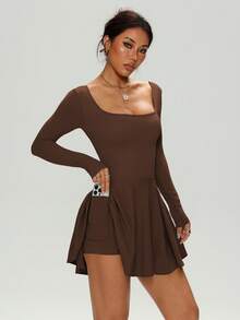 TCVC Women's Seamless Casual Outdoor Sports Criss-Cross Backless Long Sleeve Dress With Built-In Safety Shorts To Prevent Exposure, Side Pocket, Removable Padded Bra, High Stretch Tight Fitness Tennis Skirt Dress Spring - Brown - View 7