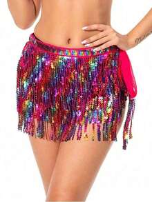 亮片裹身裙肚皮舞臀巾流苏裙闪亮流苏裙狂欢派对女装 - 彩色 - 查看 23